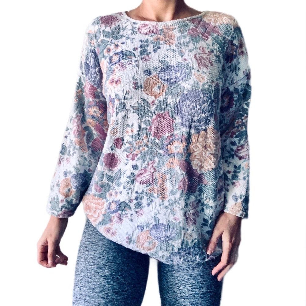 Vintage Floral Sweater Long Sleeve Pullover Top - Picture 1 of 3
